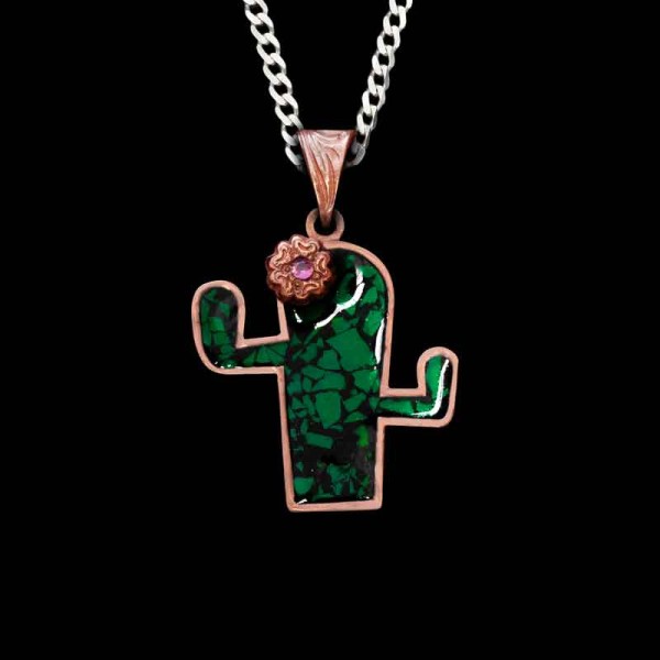 Gussy up your look with this darlin' Saguaro Cactus Custom Pendant. Crafted on a Copper base, detailed with a beautiful flower and our signature crushed turquoise stones. Order now!